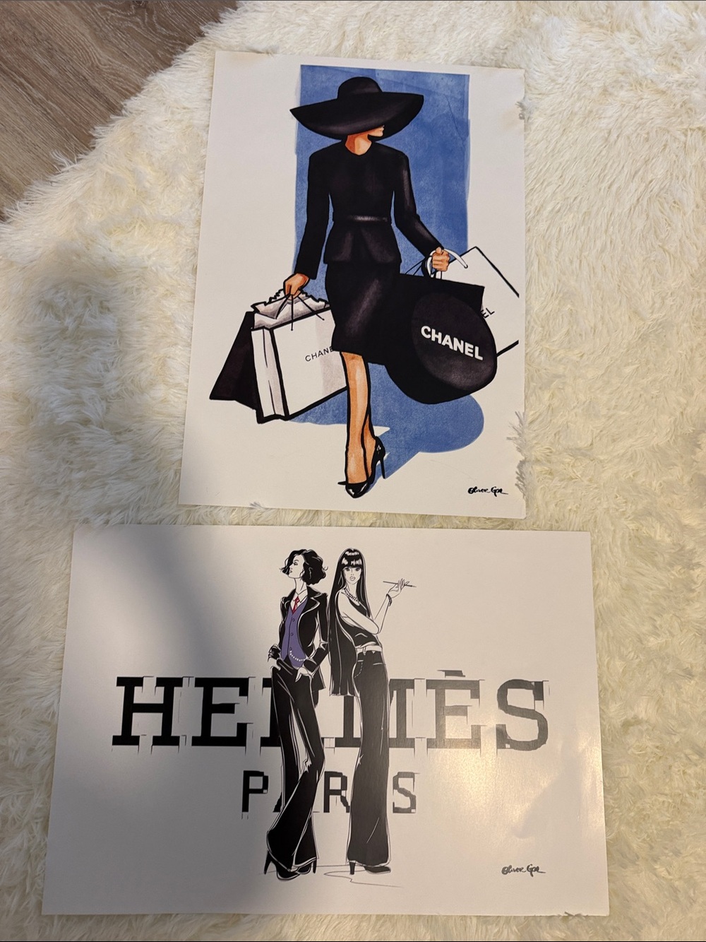Fashion Illustration Art Print - Black & Blue Chic Shopper 19x13